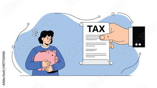 Stressed woman hugs her pink piggy bank tightly as a giant hand serves her a large tax bill highlighting financial pressure and costs.