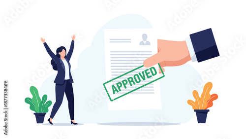 Happy businesswoman celebrates with her arms raised while her resume receives a large green approved stamp from a giant corporate hand.