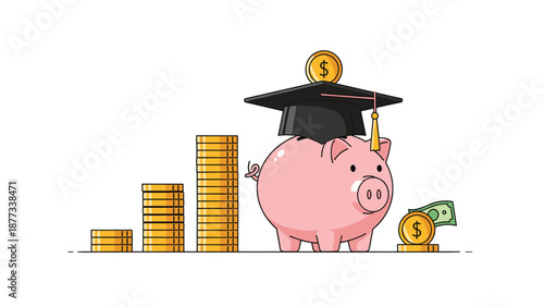 Pink piggy bank wearing a black graduation cap represents the concept of saving money for future college education and tuition fees.