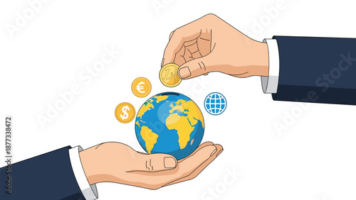 Hands of business professionals put various currency coins into a globe shaped piggy bank to symbolize global investment and savings.
