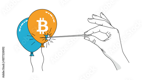 Hand uses a sharp needle to pop a bitcoin balloon representing the potential bubble burst and high risk associated with cryptocurrency.