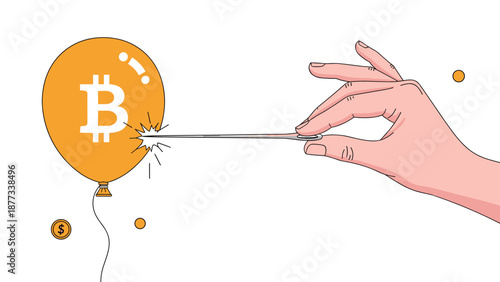 Hand using a needle to pop an orange balloon with a Bitcoin symbol representing cryptocurrency bubble burst or financial risk.
