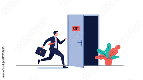 Businessman with a briefcase running towards an open door labeled exit representing resignation, leaving a job, or escaping stress.