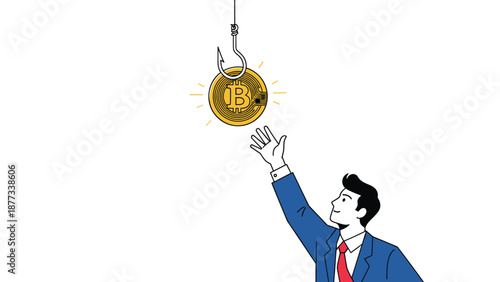 Man in a business suit reaches up towards a golden bitcoin coin hanging on a fishing hook to represent crypto traps and high risk.