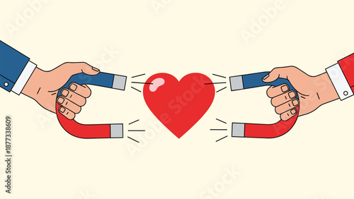 Two hands use large red and blue magnets to pull on a red heart from both sides representing a struggle for love or attention.