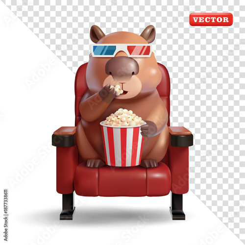 Cute capybara sitting in a movie theater seat eating popcorn. Suitable for design elements