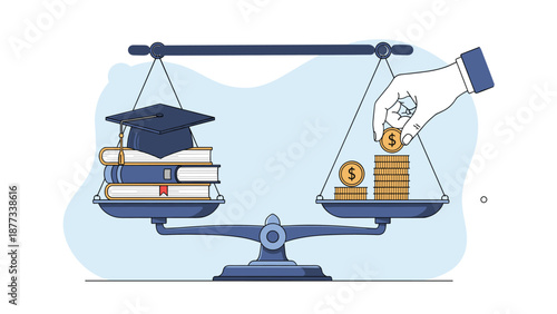Scale of justice balances heavy academic books and a mortarboard against stacks of gold coins to show the high cost of education.