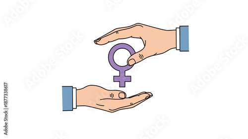 Pair of hands protectively frame a purple female gender symbol to represent women health awareness and support for feminist issues.
