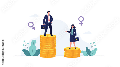 Businessman on a tall stack of coins vs a businesswoman on a short stack illustrates the gender pay gap and wage inequality.