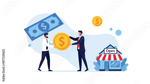 Two businessmen exchanging a large gold coin near a retail store representing small business investment and commercial trade.