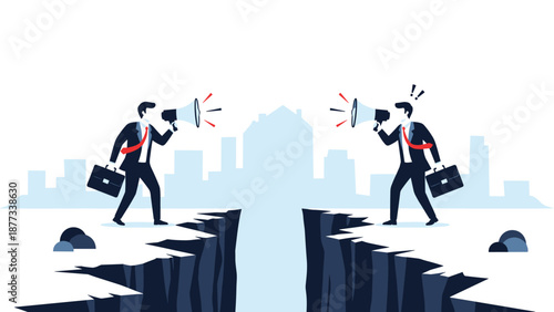Two businessmen standing on opposite sides of a deep chasm using megaphones to communicate over a city skyline background.