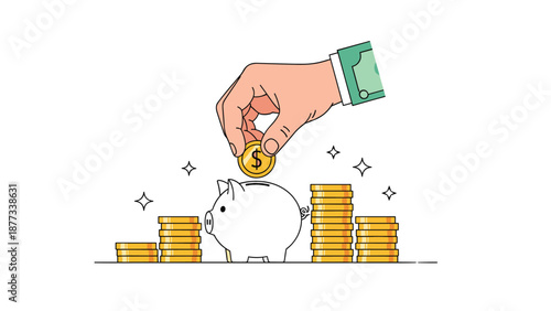 Person putting a gold coin into a piggy bank surrounded by growing stacks of money representing savings and financial planning.