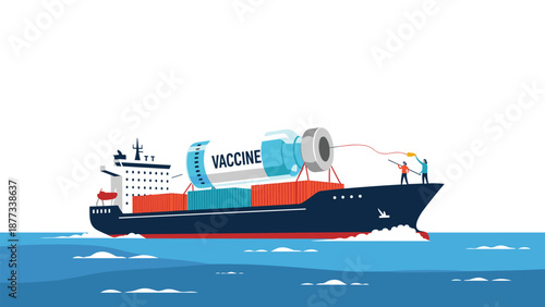Large cargo ship transporting a giant bottle of vaccine across the ocean representing global distribution and medical logistics.