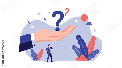 Small businessman looking up at a giant hand holding a question mark symbolizing the search for answers and guidance in business.