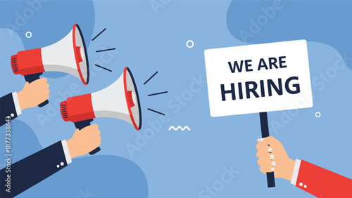 Multiple hands holding megaphones and a recruitment sign saying we are hiring to attract new talent for job vacancies in a company.