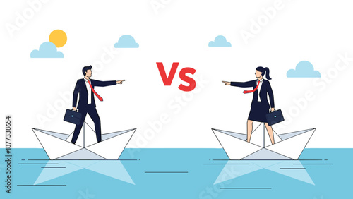 Businessman and businesswoman standing on separate paper boats and pointing in opposite directions while at sea representing conflict.