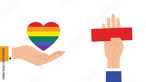 Inclusion and rights concept showing a hand holding a rainbow colored heart while another hand raises a red rectangular sign.