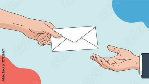 Close up of a hand passing a white envelope to another person against a simple background representing mail or communication.