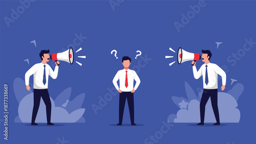 Confused businessman standing between two colleagues shouting through megaphones representing office noise or conflicting advice.