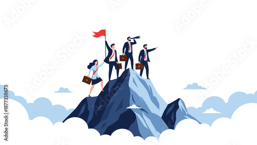 Team of business professionals reaching the top of a mountain peak representing success achievement and corporate goals.