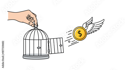 Gold dollar coin with wings flying away from an open birdcage representing financial freedom or money loss during spending.