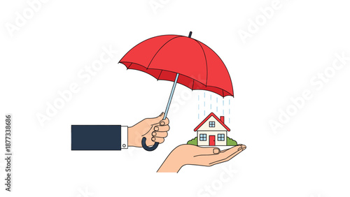 Protective hand holding a red umbrella over another hand carrying a small house representing home insurance and safety.