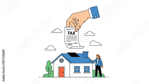 Large hand dropping a tax bill into the chimney of a small house with a resident standing nearby representing property taxes.