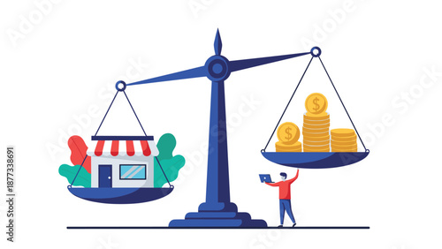 Large balance scale weighing a retail shop against stacks of gold coins with a small man supporting the financial weight.