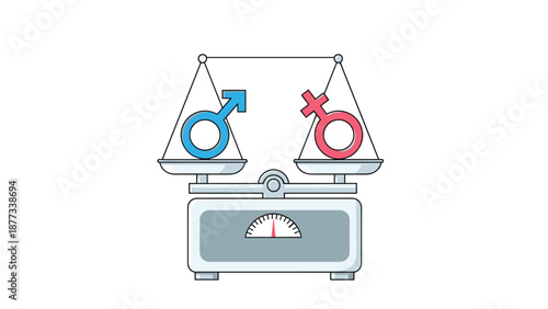 Mechanical scale balancing male and female gender symbols symbolizing workplace equality and fairness between genders.