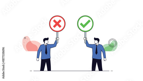 Two businessmen holding circular signs with a red cross and a green check mark representing choice or feedback options.