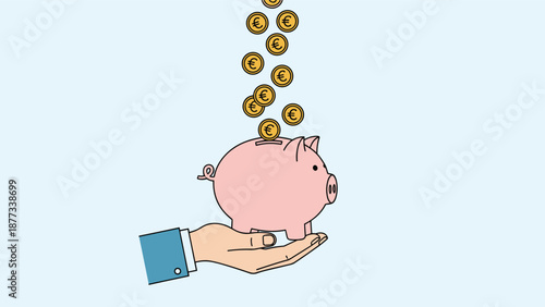 Human hand supporting a pink piggy bank with gold euro coins falling from the top representing European savings and wealth.