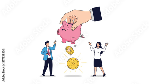 Giant hand pulling coins out of a pink piggy bank while a businessman and businesswoman look on representing economic theft or financial loss.