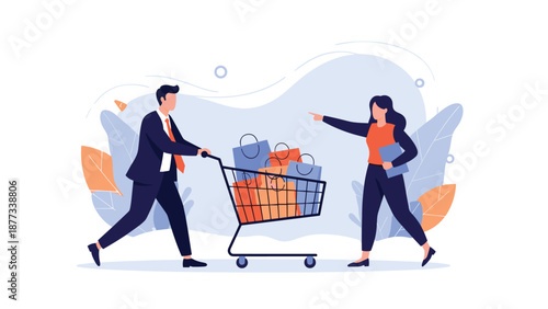 Man in a suit pushing a shopping cart overflowing with colorful bags while a woman points the way signifying a shared shopping experience and consumerism.