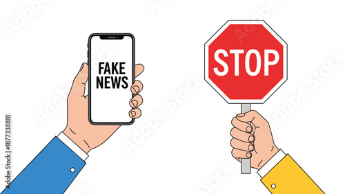 Visual representation of stopping misinformation showing a smartphone with fake news and a hand holding a red stop sign to promote media literacy.
