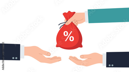 Red money bag with a percent symbol being held by a hand while two other hands reach for it representing financial profit sharing and interest rates.