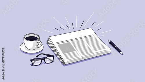 Morning news scene with a newspaper, a cup of coffee, a pen, and eyeglasses on a purple background representing daily routines and staying informed.