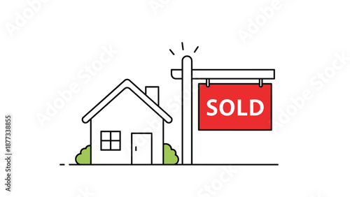 Illustration of a house with a red sold sign standing in the yard representing a successful real estate transaction and property sale.