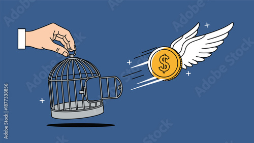Hand opening a birdcage to release a dollar coin with wings representing financial freedom and the release of capital for investment or spending.