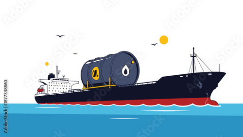 Large cargo ship transporting a giant barrel of oil across the ocean representing global energy logistics, trade, and the petroleum industry.
