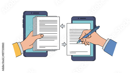 Hand using a digital pen to sign a document while it is transferred between two smartphones representing electronic signatures and mobile contracts.