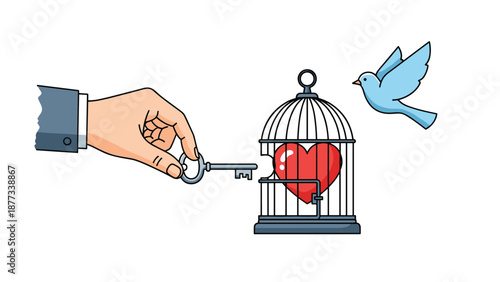 Hand using a key to unlock a red heart inside a birdcage while a blue bird flies away representing freedom and emotional liberation.