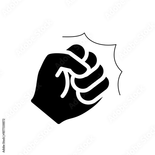 A bold black fist punching through a white shield in a flat, minimalist vector graphic design