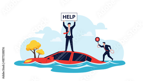 Businessman standing on a flooded car holding a help sign while another person brings a lifebuoy representing financial rescue and crisis support.