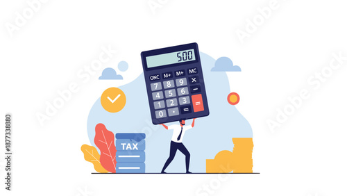 Small businessman struggling to carry a giant calculator next to a tax document representing the heavy burden of financial accounting and taxation.
