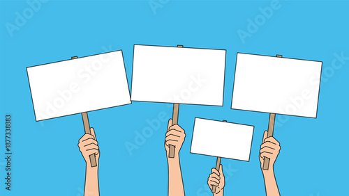 Group of hands holding up several blank white protest signs against a blue background representing activism and the freedom of public expression.