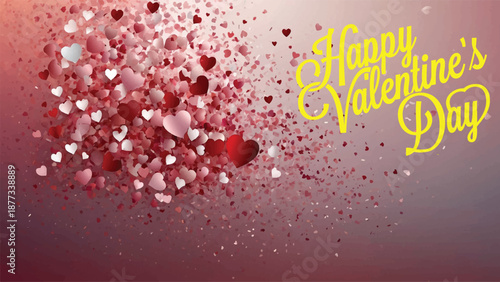 Valentines Day romantic love background with red and pink paper cut hearts soft clouds and festive design