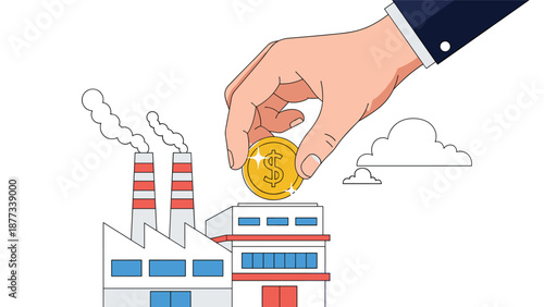 Large scale industrial investment and manufacturing growth concept with a hand placing a dollar coin on a modern factory building.