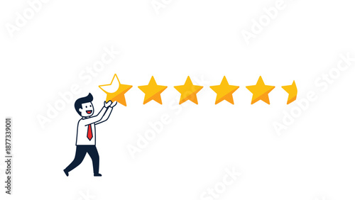 Customer satisfaction and quality rating concept featuring a happy businessman adding a fifth star to a row of five golden stars.