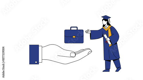 Career transition after graduation concept showing a student in a graduation gown and cap reaching for a business briefcase.