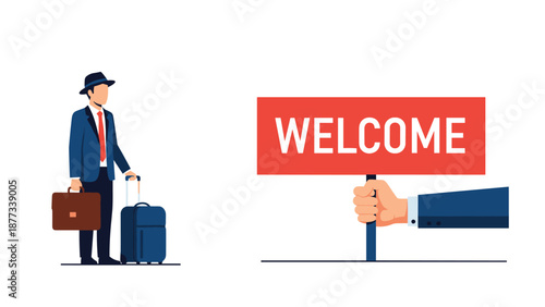 Hospitality and travel welcome concept showing a businessman with luggage being greeted by a hand holding a red welcome sign.